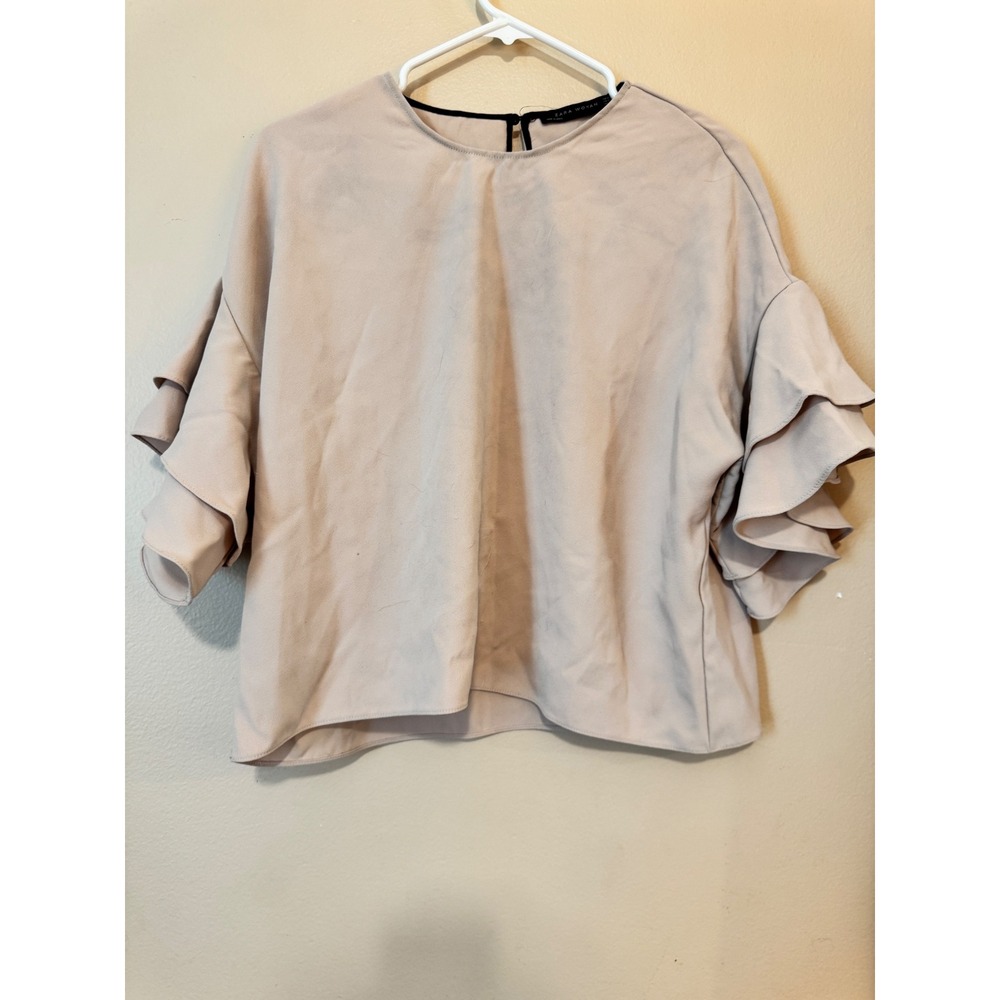Zara Woman Tan Ruffle Tiered Sleeve Blouse Medium Thick Fabric Keyhole Back